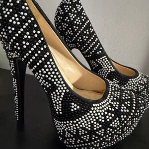 SHI Black Rhinestone Studded Platform Stiletto Heels